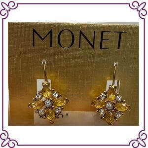 Vintage Monet Goldtone Earings with Amber and Diamond Like Stones NEW